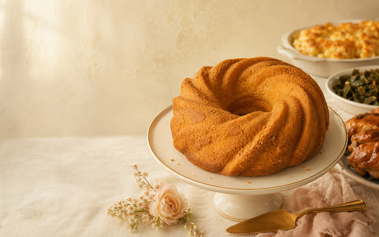 Leah's signature pound cake presented with homemade comfort food