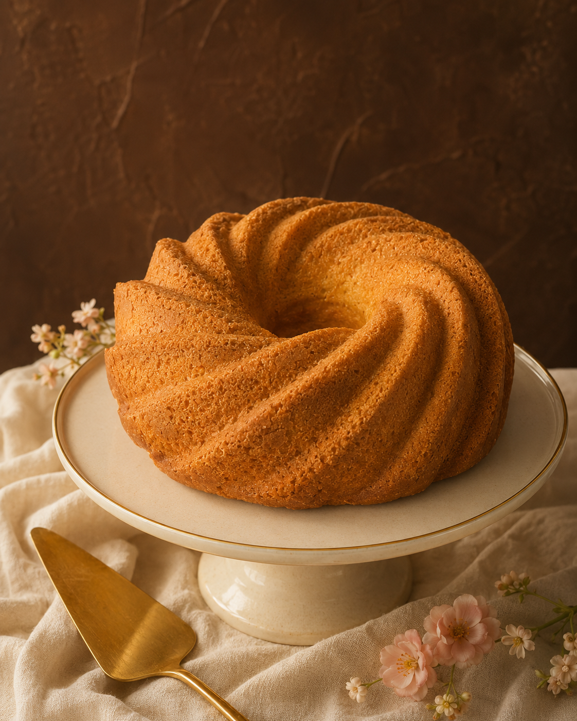 Leah's signature pound cake presented on a cream and gold cake stand